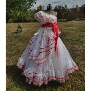 Vintage 70s‎ 80s White Heart One Shoulder Dress Tulle Cupcake Poofy XXS/XS Prom